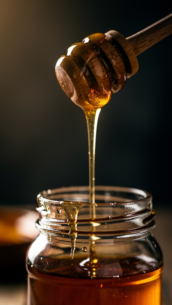 Honey dripping from a wooden dipper