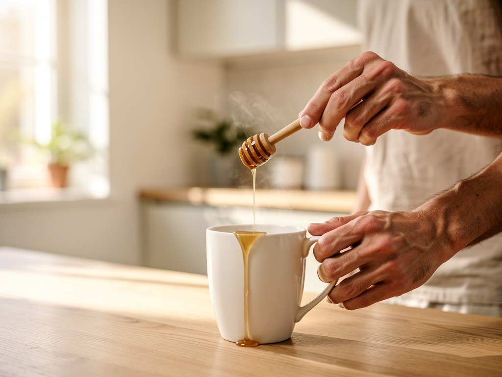 Man stirring honey into tea