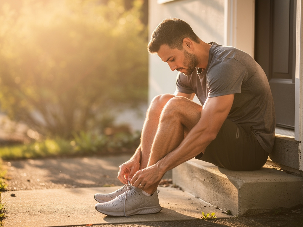 Man lacing running shoes