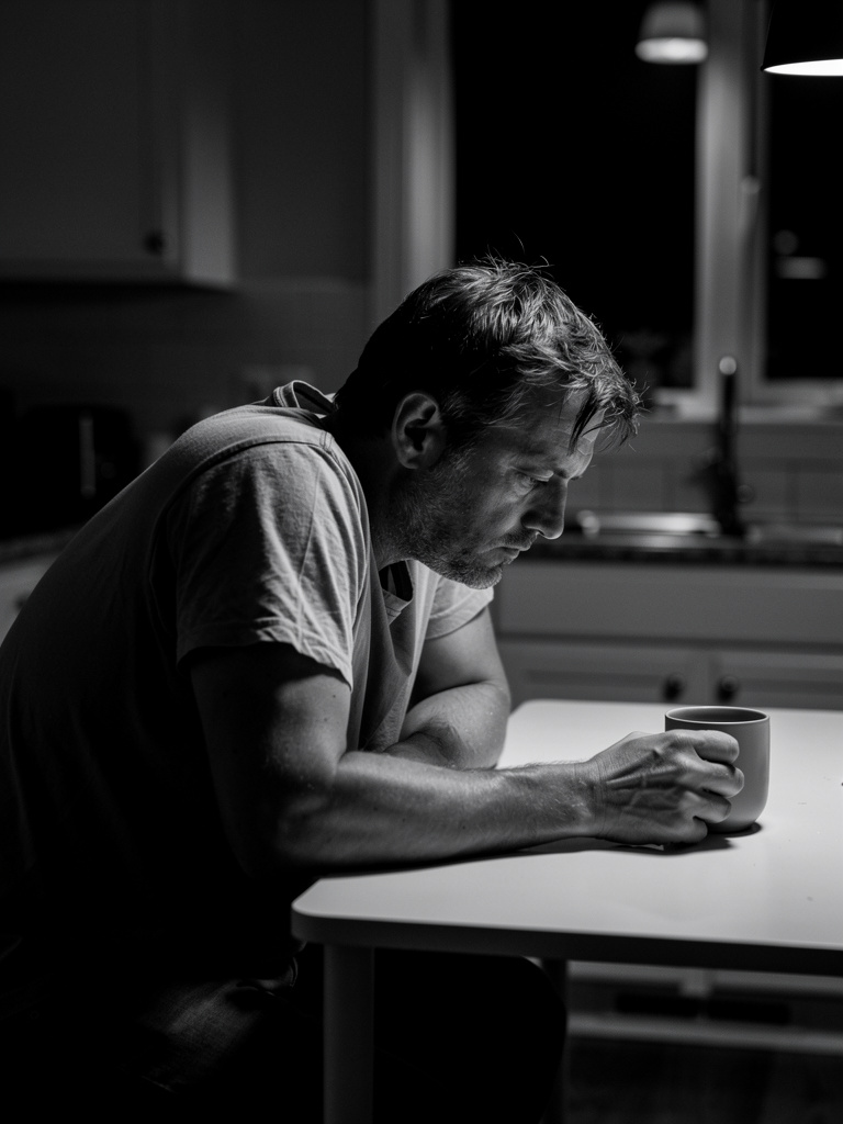 Tired man at a kitchen table at night